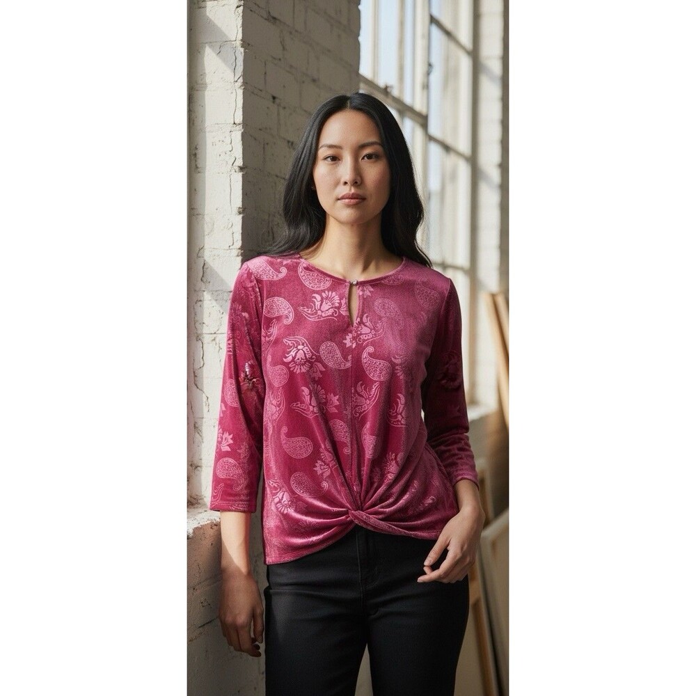 Ruby Rd. Petite Women Top Paisley Twist Knot Front Pink PXL 3/4 Sleeve Blouse